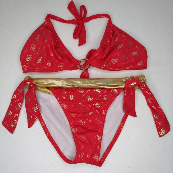Guess Bikini Bathing Suit Small Gold Metallic Monogram Triangle Tie Tassel LOGO - Picture 1 of 5